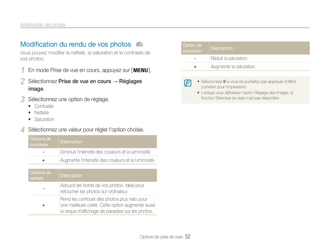 Samsung EC-ES80ZZDPRZA Modification du rendu de vos photos, Amélioration des photos, Option de Description Saturation 