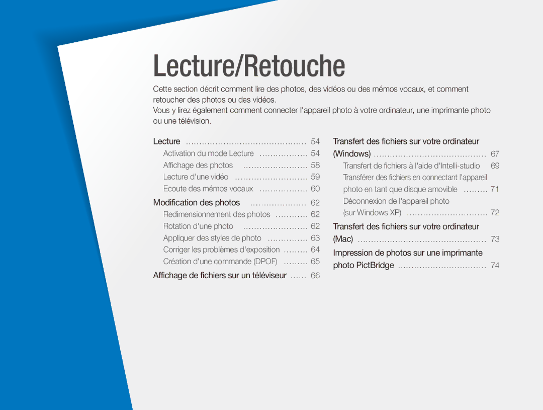 Samsung EC-ES80ZZDPSZA, EC-ES80ZZBPBE1, EC-ES80ZZDPPZA manual Lecture/Retouche, Affichage de fichiers sur un téléviseur ……… 