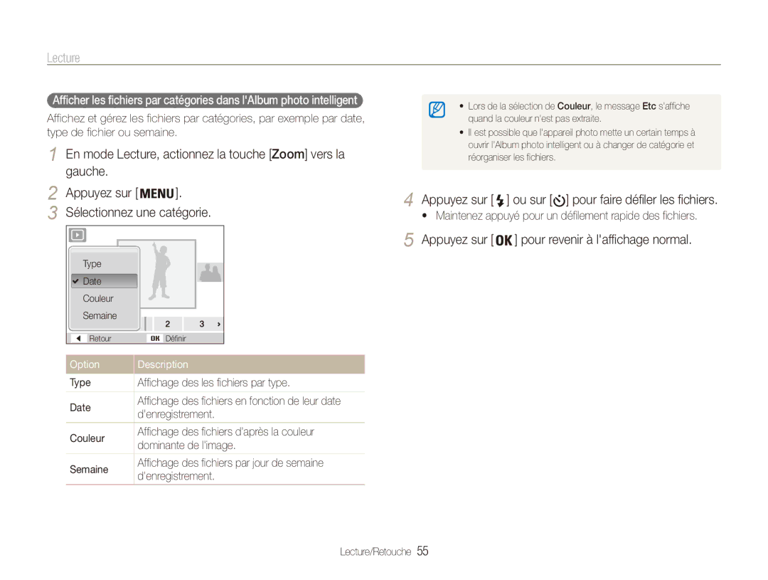 Samsung EC-ES80ZZDPPZA Lecture, Sélectionnez une catégorie, Type Affichage des les fichiers par type Date, Denregistrement 