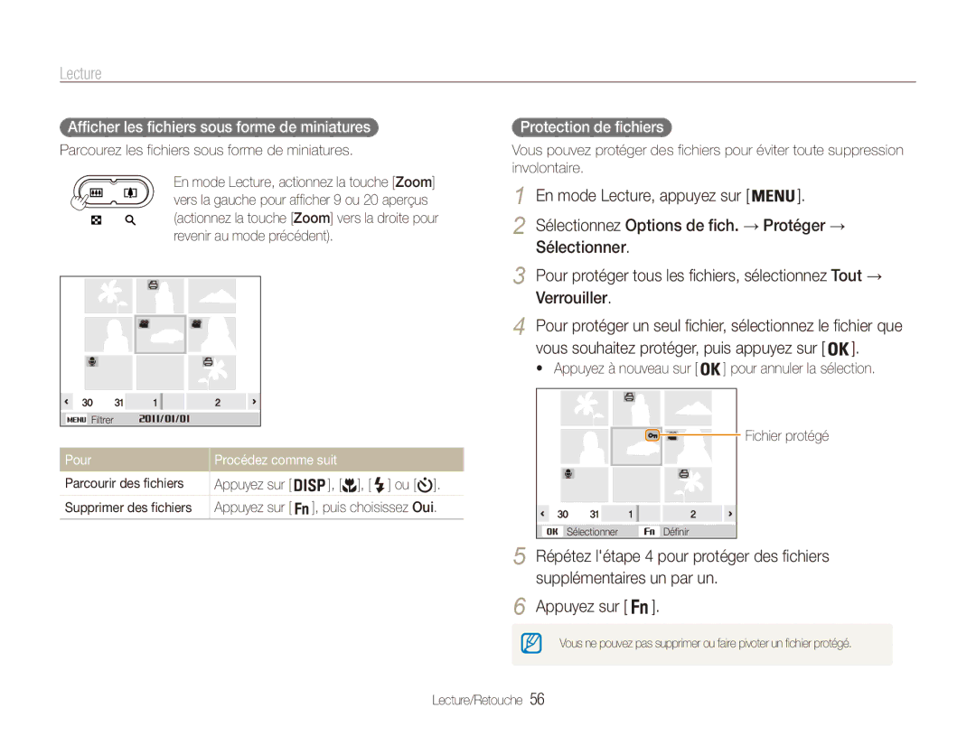 Samsung EC-ES80ZZBPRE1 Sélectionner, Verrouiller, Afficher les fichiers sous forme de miniatures, Protection de fichiers 
