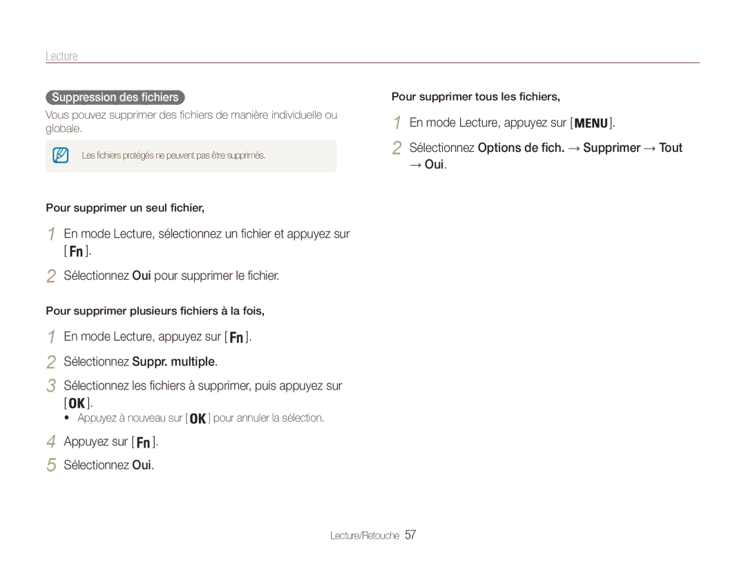 Samsung EC-ES81ZZDPBZA, EC-ES80ZZDPSZA, EC-ES80ZZBPBE1 manual → Oui, Appuyez sur Sélectionnez Oui, Suppression des fichiers 