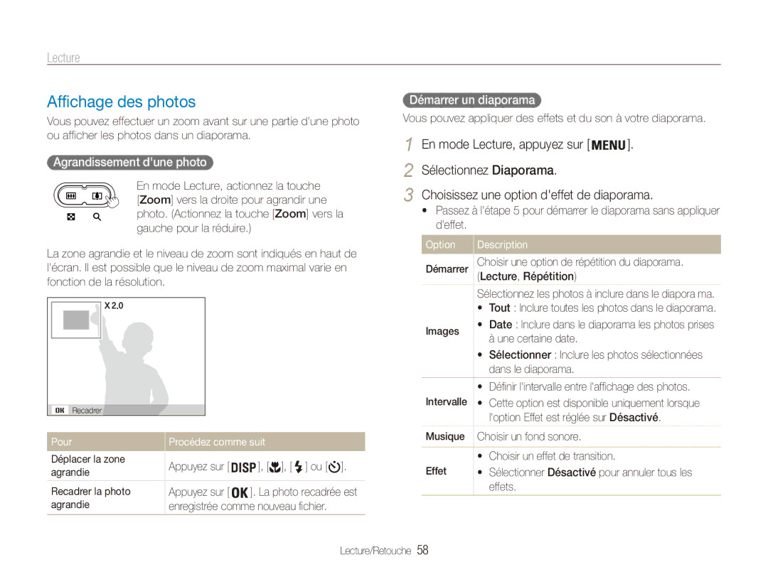 Samsung EC-ES80ZZDPRZA Affichage des photos, Agrandissement dune photo, Démarrer un diaporama, Option Description Démarrer 