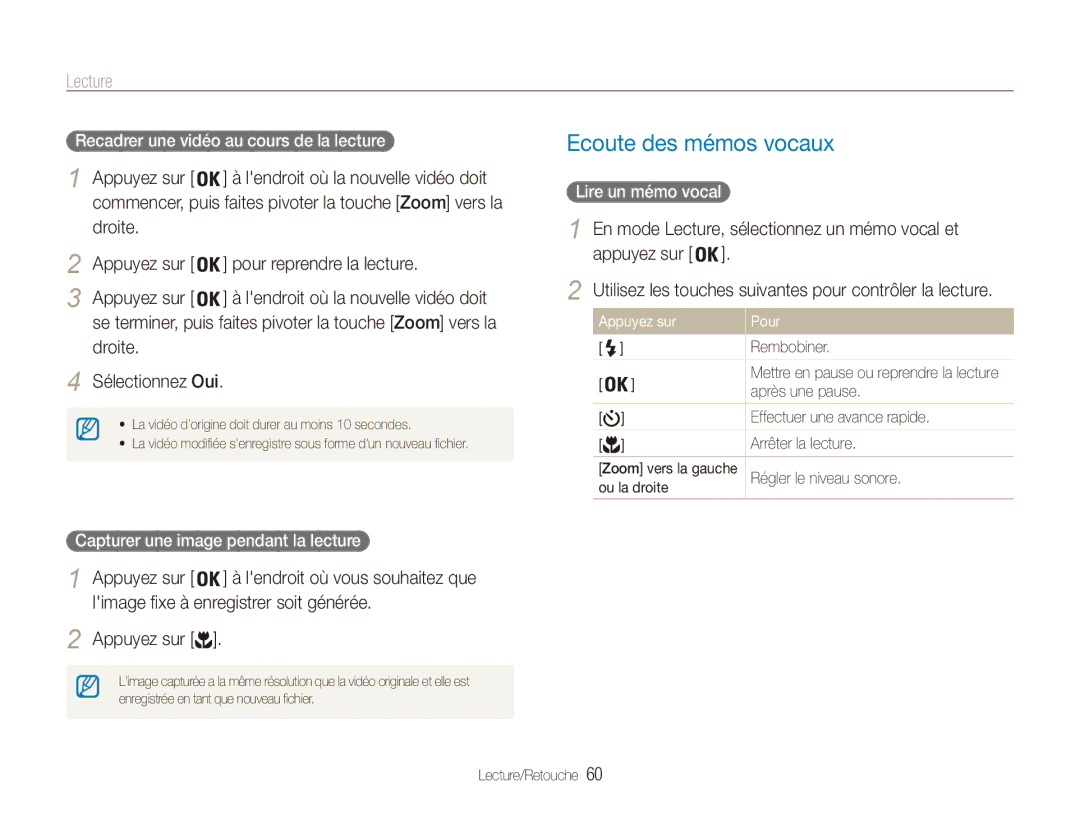 Samsung EC-ES80ZZBPBE1, EC-ES80ZZDPSZA manual Ecoute des mémos vocaux, Droite Appuyez sur Pour reprendre la lecture 