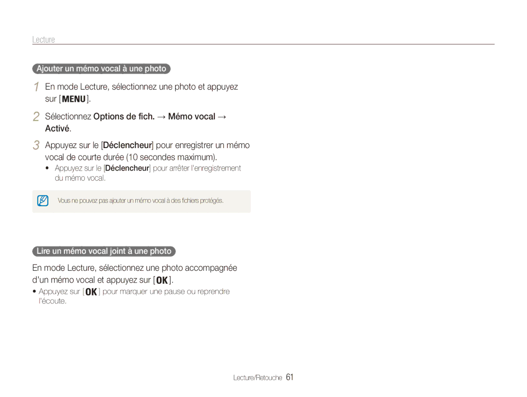 Samsung EC-ES80ZZDPPZA manual En mode Lecture, sélectionnez une photo accompagnée, Ajouter un mémo vocal à une photo 