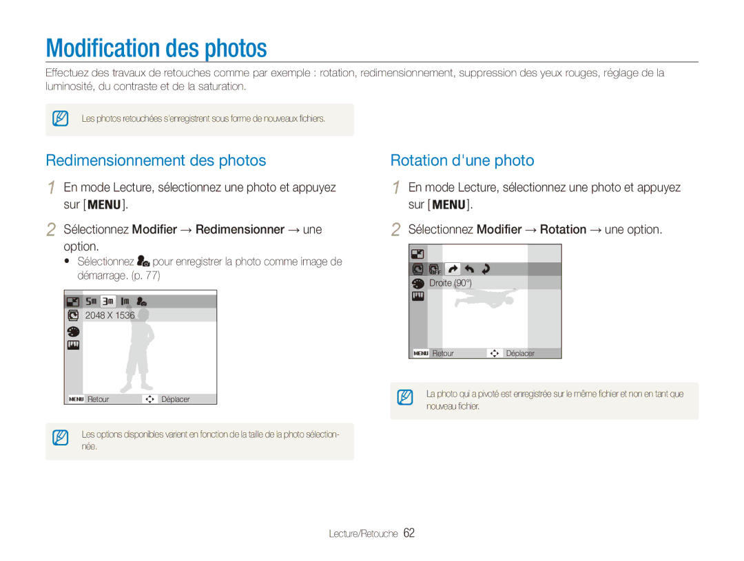 Samsung EC-ES80ZZBPRE1, EC-ES80ZZDPSZA manual Modification des photos, Redimensionnement des photos, Rotation dune photo 