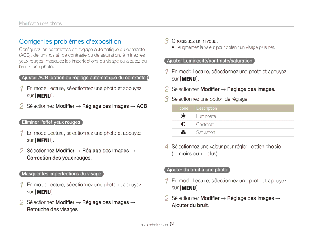 Samsung EC-ES80ZZDPRZA, EC-ES80ZZDPSZA, EC-ES80ZZBPBE1 manual Corriger les problèmes dexposition, Correction des yeux rouges 