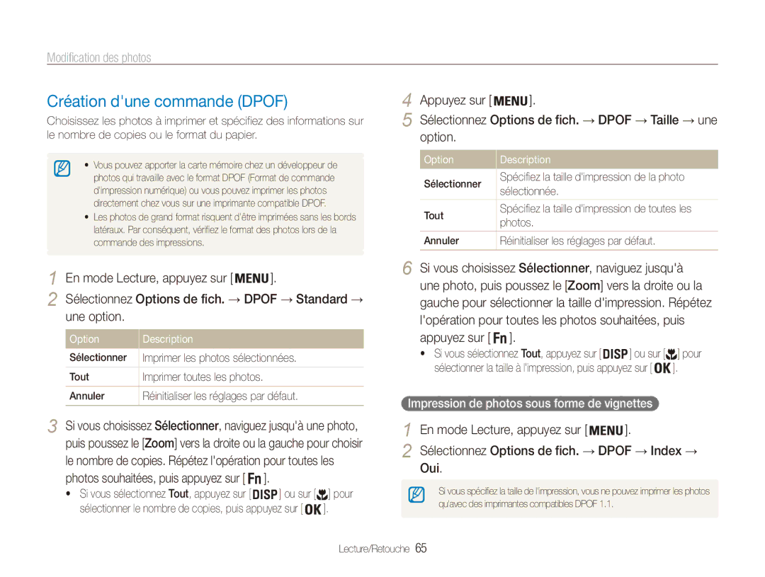 Samsung EC-ES80ZZDPSZA, EC-ES80ZZBPBE1, EC-ES80ZZDPPZA manual Création dune commande Dpof, En mode Lecture, appuyez sur, Oui 