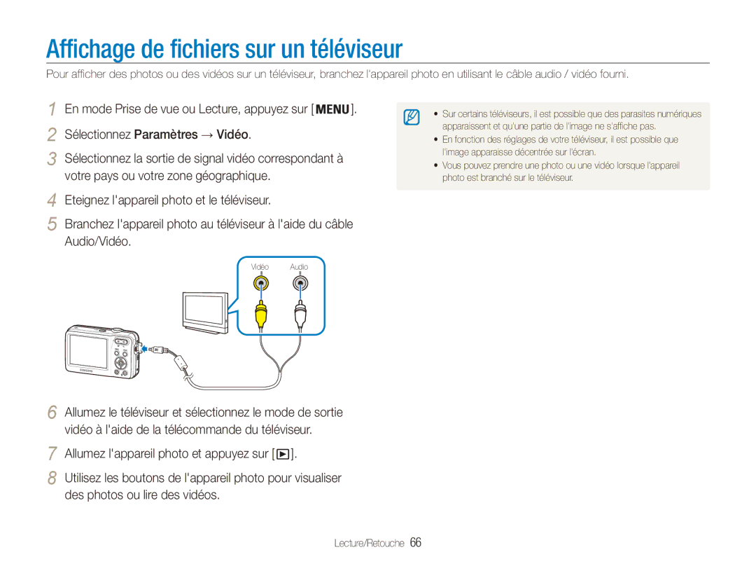 Samsung EC-ES80ZZBPBE1, EC-ES80ZZDPSZA Affichage de fichiers sur un téléviseur, Allumez lappareil photo et appuyez sur 