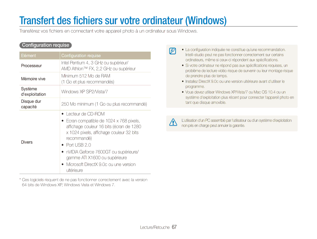 Samsung EC-ES80ZZDPPZA, EC-ES80ZZDPSZA manual Transfert des fichiers sur votre ordinateur Windows, Configuration requise 