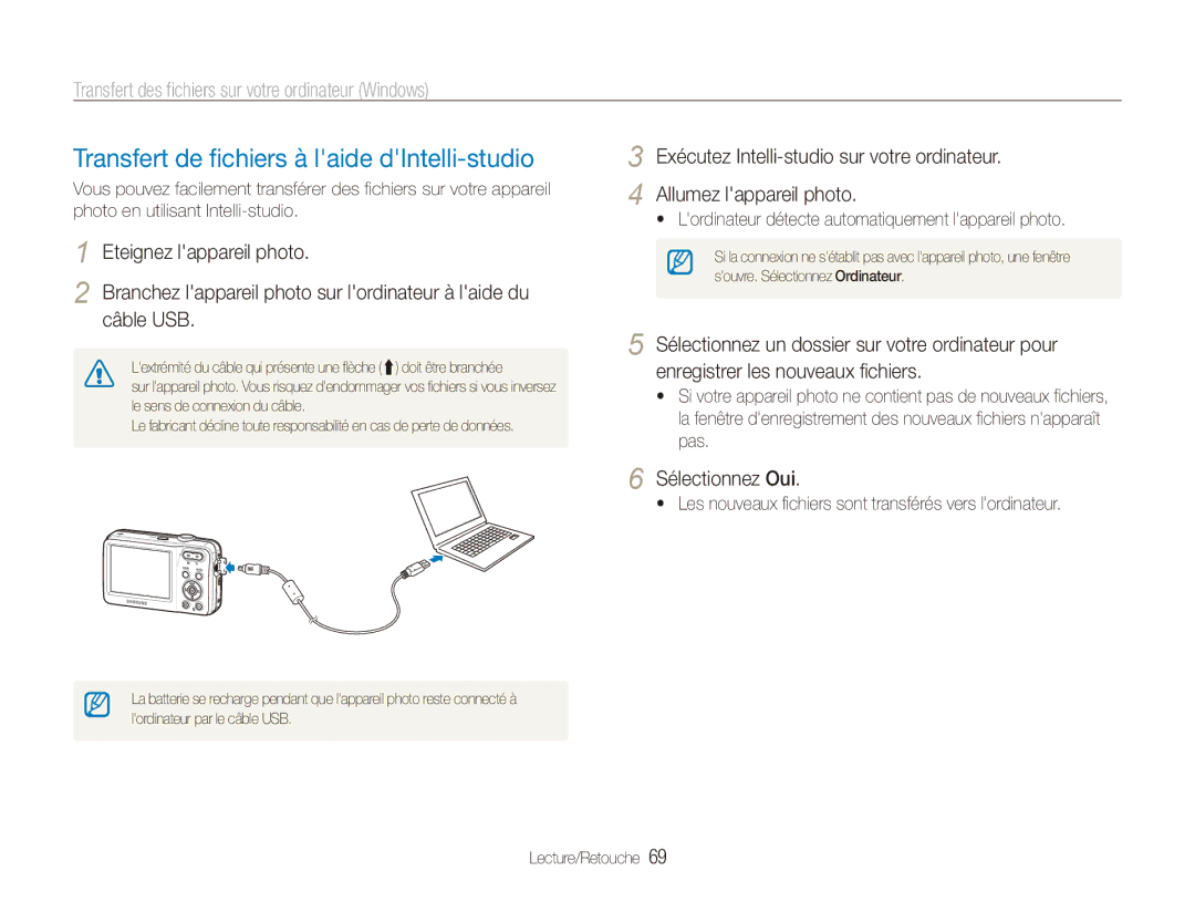 Samsung EC-ES81ZZDPBZA, EC-ES80ZZDPSZA Transfert de fichiers à laide dIntelli-studio, Eteignez lappareil photo, Câble USB 