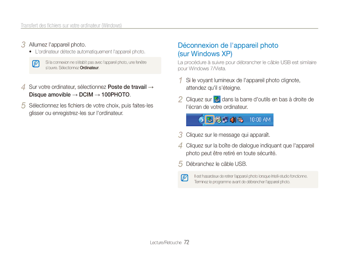 Samsung EC-ES80ZZBPBE1, EC-ES80ZZDPSZA, EC-ES80ZZDPPZA, EC-ES80ZZBPRE1 manual Déconnexion de lappareil photo sur Windows XP 