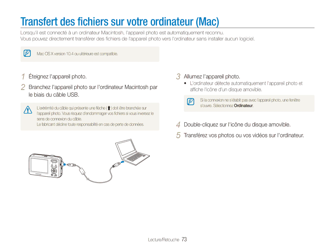 Samsung EC-ES80ZZDPPZA Transfert des fichiers sur votre ordinateur Mac, Éteignez lappareil photo, Le biais du câble USB 