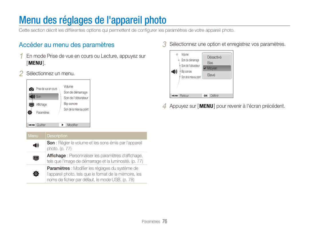 Samsung EC-ES80ZZDPRZA manual Menu des réglages de lappareil photo, Accéder au menu des paramètres, Menu Description 