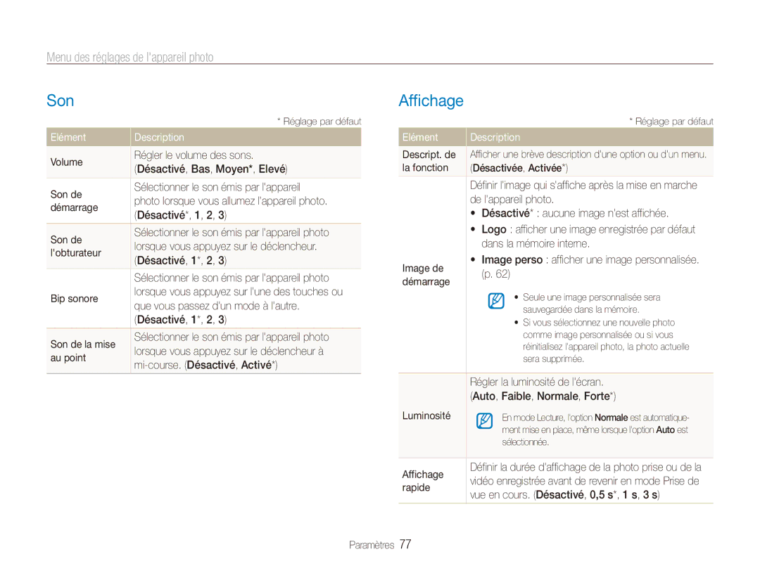 Samsung EC-ES80ZZDPSZA, EC-ES80ZZBPBE1 manual Son, Affichage, Menu des réglages de lappareil photo, Elément Description 