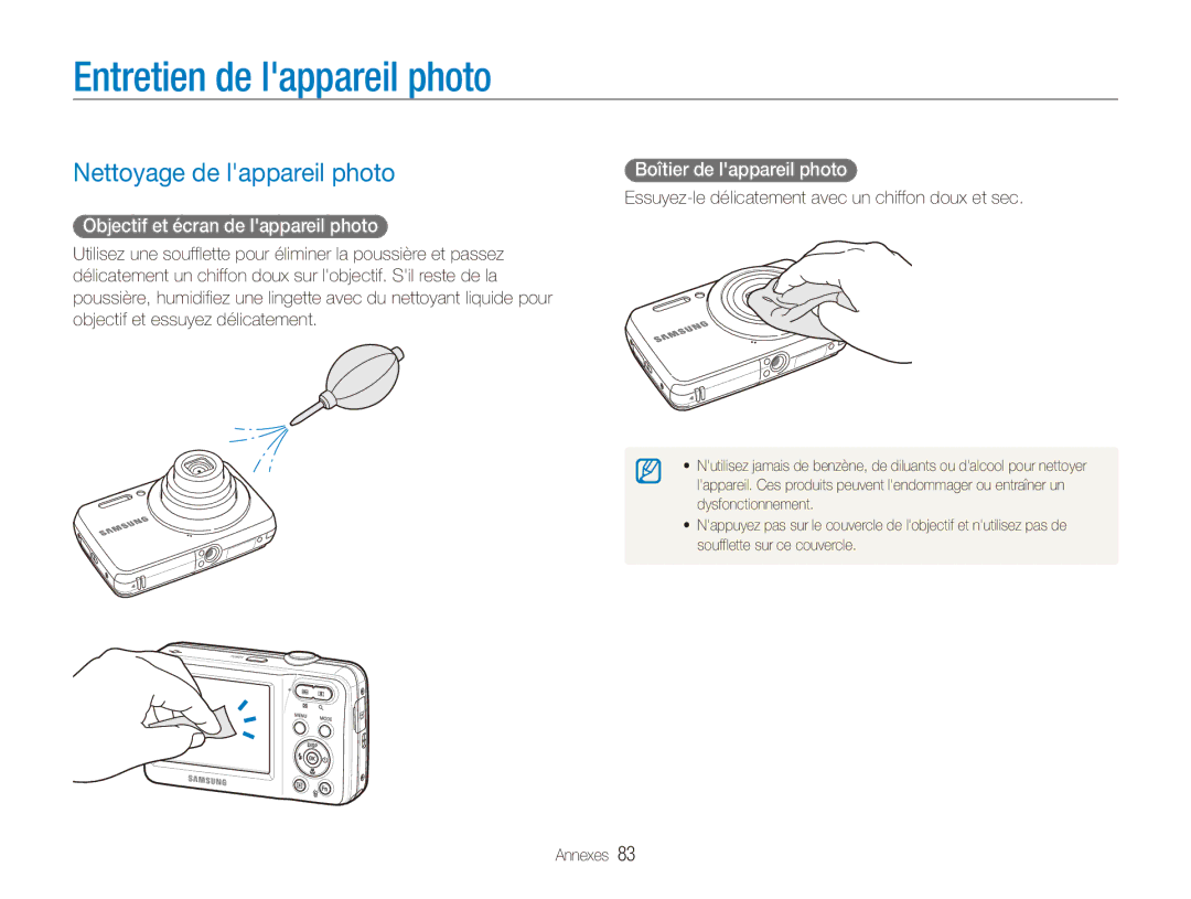 Samsung EC-ES80ZZDPSZA Entretien de lappareil photo, Nettoyage de lappareil photo, Objectif et écran de lappareil photo 