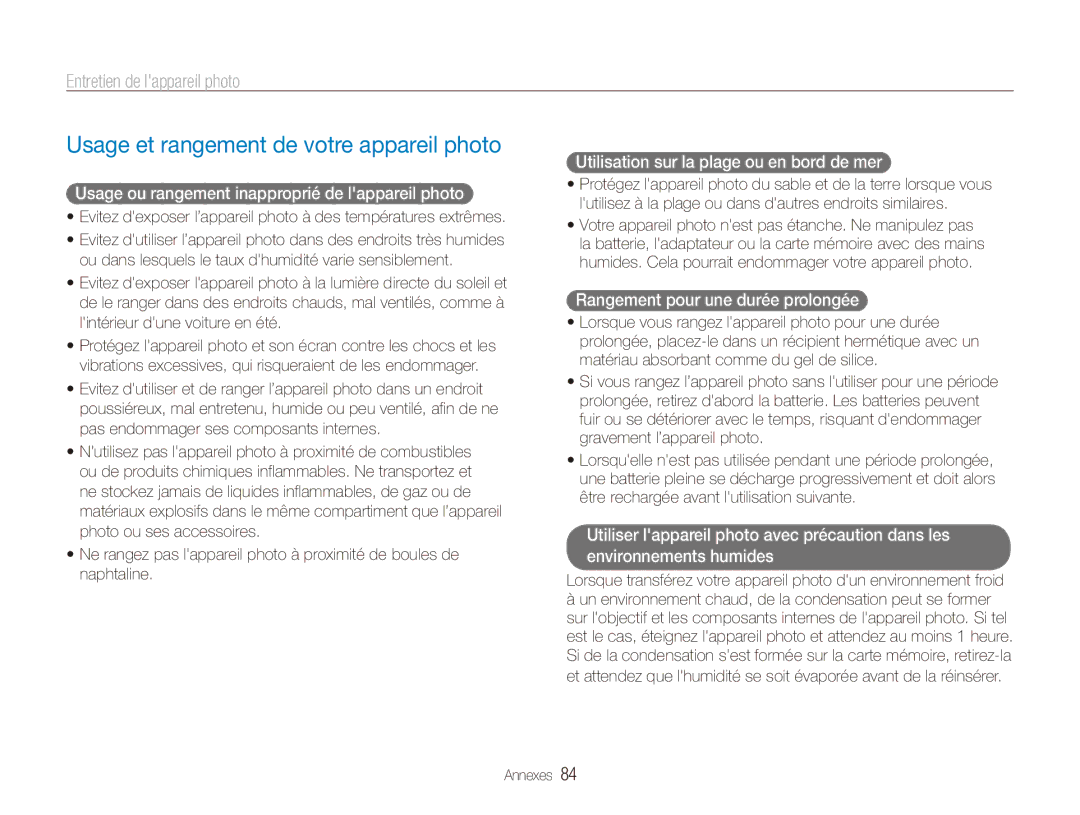 Samsung EC-ES80ZZBPBE1, EC-ES80ZZDPSZA manual Usage et rangement de votre appareil photo, Entretien de lappareil photo 