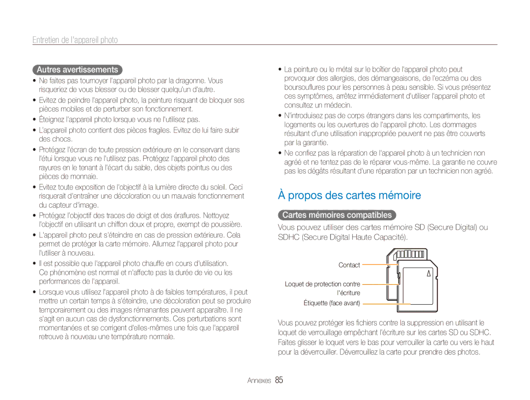 Samsung EC-ES80ZZDPPZA, EC-ES80ZZDPSZA manual Propos des cartes mémoire, Autres avertissements, Cartes mémoires compatibles 