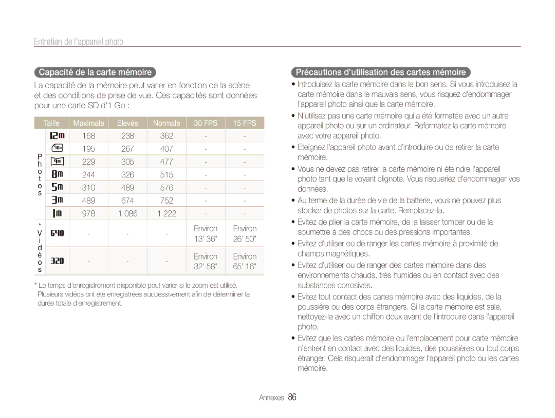 Samsung EC-ES80ZZBPRE1, EC-ES80ZZDPSZA manual Capacité de la carte mémoire, Précautions dutilisation des cartes mémoire 