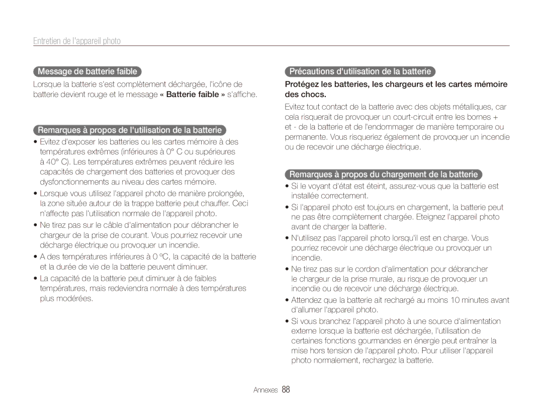 Samsung EC-ES80ZZDPRZA, EC-ES80ZZDPSZA manual Message de batterie faible, Remarques à propos de lutilisation de la batterie 