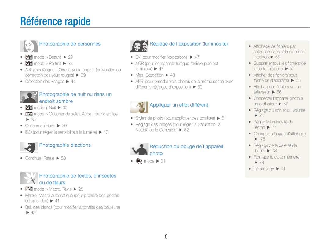 Samsung EC-ES80ZZBPRE1, EC-ES80ZZDPSZA, EC-ES80ZZBPBE1, EC-ES80ZZDPPZA manual Référence rapide, Photographie de personnes 
