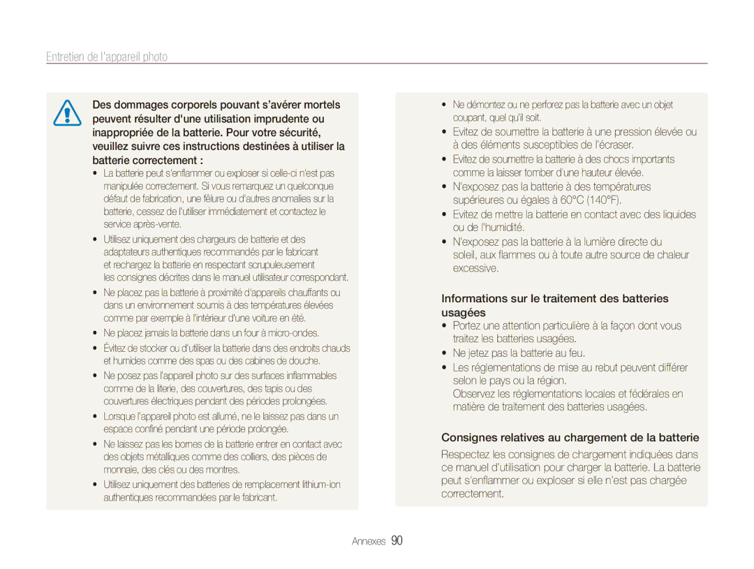 Samsung EC-ES80ZZBPBE1, EC-ES80ZZDPSZA, EC-ES80ZZDPPZA manual Ne placez jamais la batterie dans un four à micro-ondes 