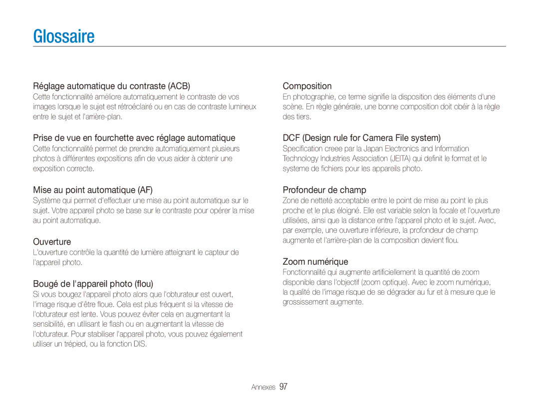 Samsung EC-ES80ZZDPPZA, EC-ES80ZZDPSZA, EC-ES80ZZBPBE1, EC-ES80ZZBPRE1, EC-ES81ZZDPBZA, EC-ES80ZZDPRZA manual Glossaire 