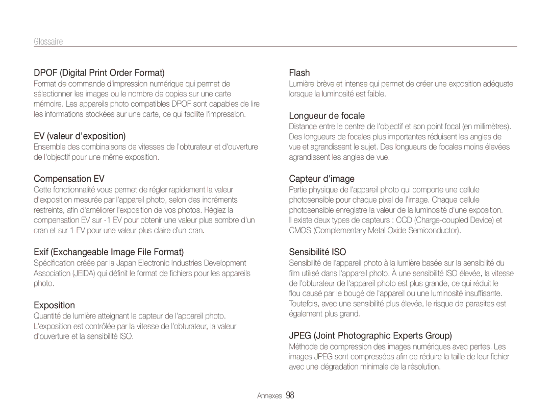 Samsung EC-ES80ZZBPRE1, EC-ES80ZZDPSZA, EC-ES80ZZBPBE1, EC-ES80ZZDPPZA, EC-ES81ZZDPBZA, EC-ES80ZZDPRZA manual Glossaire 