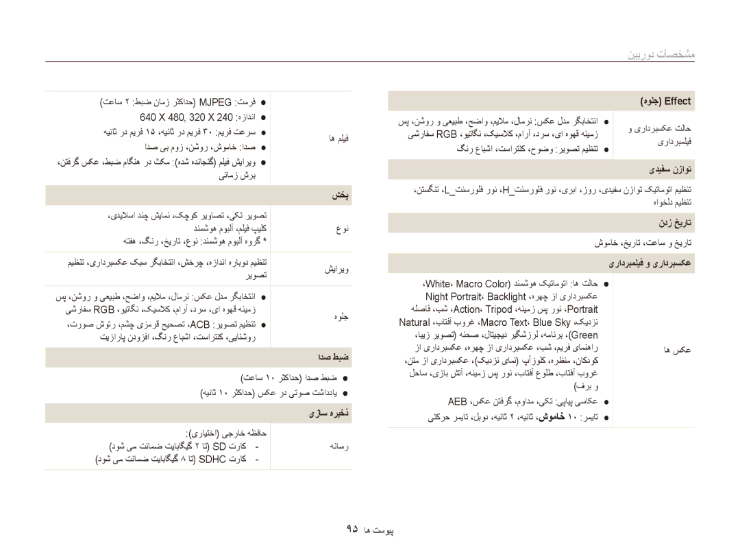 Samsung EC-ES81ZZDPSIR, EC-ES80ZZDPSZA, EC-ES80ZZDPPZA, EC-ES80ZZBPRAE, EC-ES80ZZBPRKE, EC-ES80ZZDPBIR manual مشخصات دوربین 