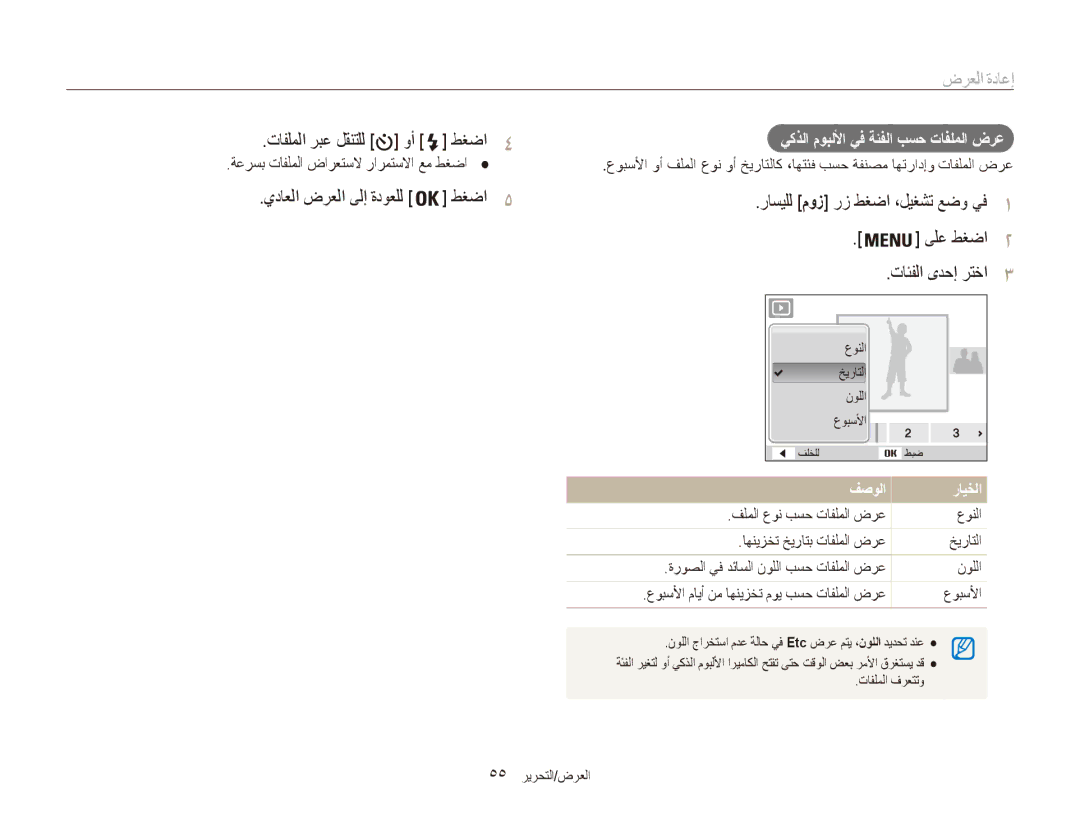 Samsung EC-ES81ZZBDPIL, EC-ES80ZZDPSZA manual إعادة العرض, تافلملا ربع لقنتلل وأ طغضا4, يداعلا ضرعلا ىلإ ةدوعلل طغضا5 