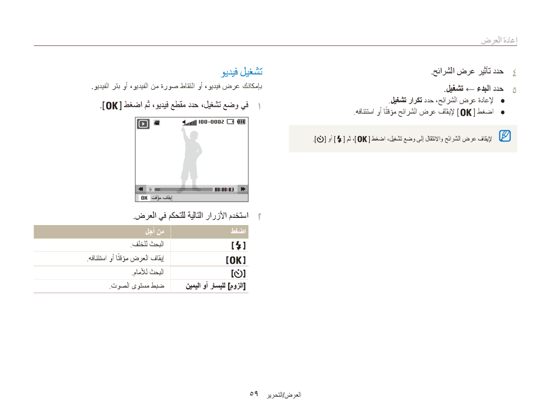 Samsung EC-ES81ZZBDSIL ويديف ليغشت, حئارشلا ضرع ريثأت ددح4, ليغشت ← ءدبلا ددح5, ضرعلا يف مكحتلل ةيلاتلا رارزلأا مدختسا2 