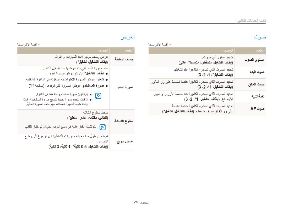 Samsung EC-ES80ZZBPBAE, EC-ES80ZZDPSZA, EC-ES80ZZDPPZA, EC-ES80ZZBPRAE manual ضرعلا, توص, قائمة إعداعدعدالداميرا, فصولا رصنعلا 