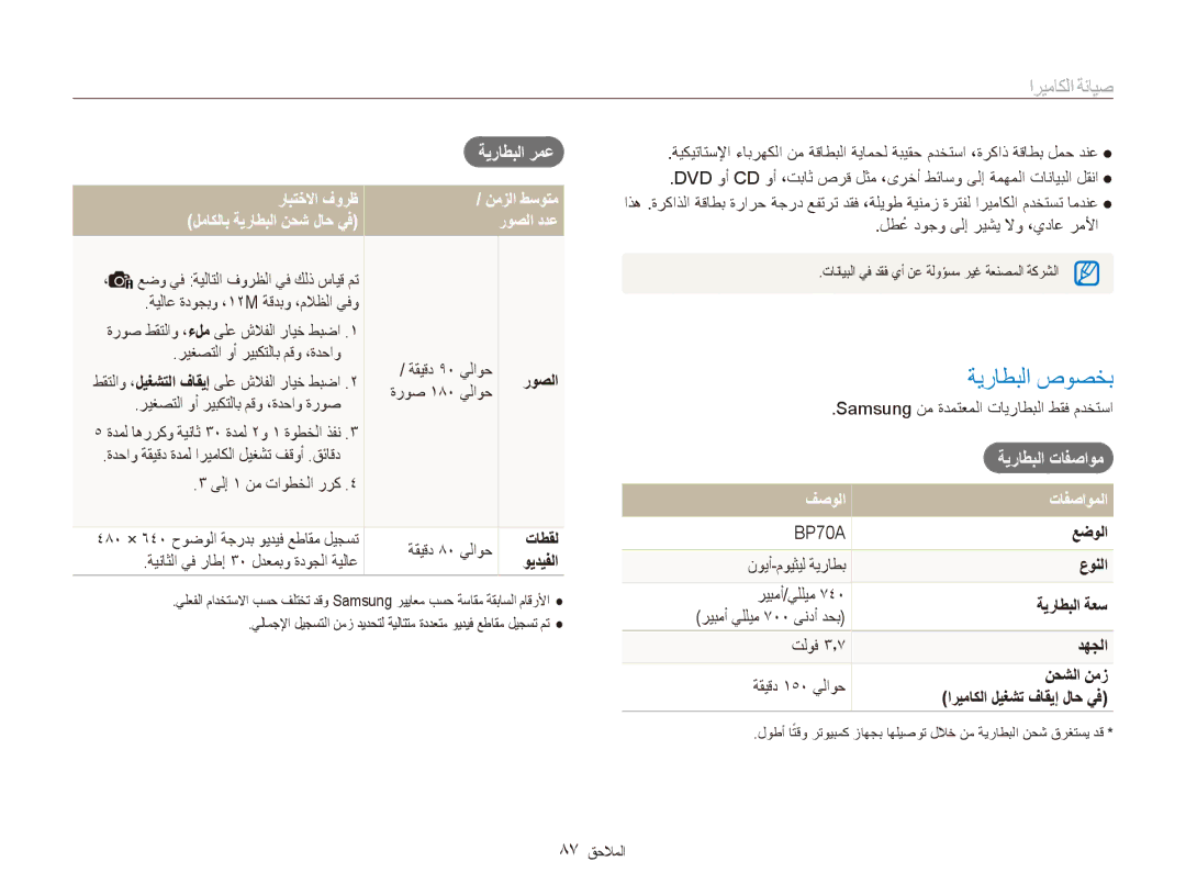 Samsung EC-ES80ZZDPBME, EC-ES80ZZDPSZA, EC-ES80ZZDPPZA ⤆䨆ㄆطبلا صوصخب, رابتخلاا فورظ نمزلا طسوتم لماكلاب ةيراطبلا نحش لاح يف 