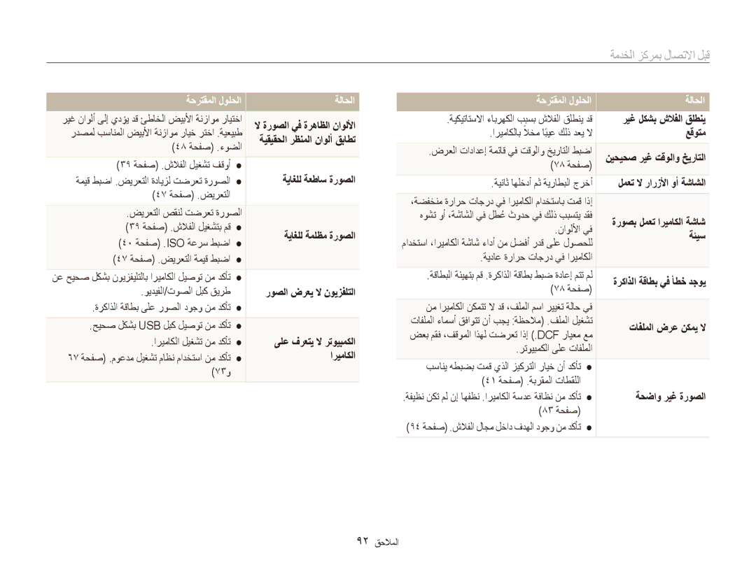 Samsung EC-ES81ZZBDSIL, EC-ES80ZZDPSZA, EC-ES80ZZDPPZA, EC-ES80ZZBPRAE, EC-ES80ZZBPRKE manual قبل الاتصال بمركز االخدم 