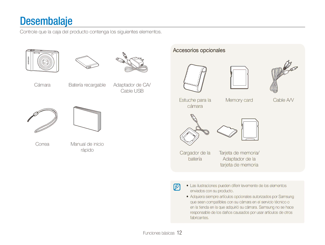 Samsung EC-ES90ZZBPRE1, EC-ES90ZZBPBE1, EC-ES90ZZBPSE1, EC-ES90ZZBPSIL, EC-ES90ZZBPBIL Desembalaje, Accesorios opcionales 