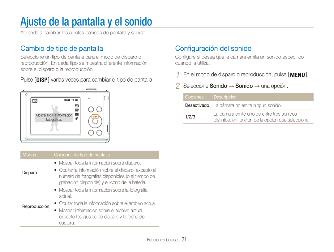 Samsung EC-ES90ZZBPBIL manual Ajuste de la pantalla y el sonido, Cambio de tipo de pantalla, Configuración del sonido 