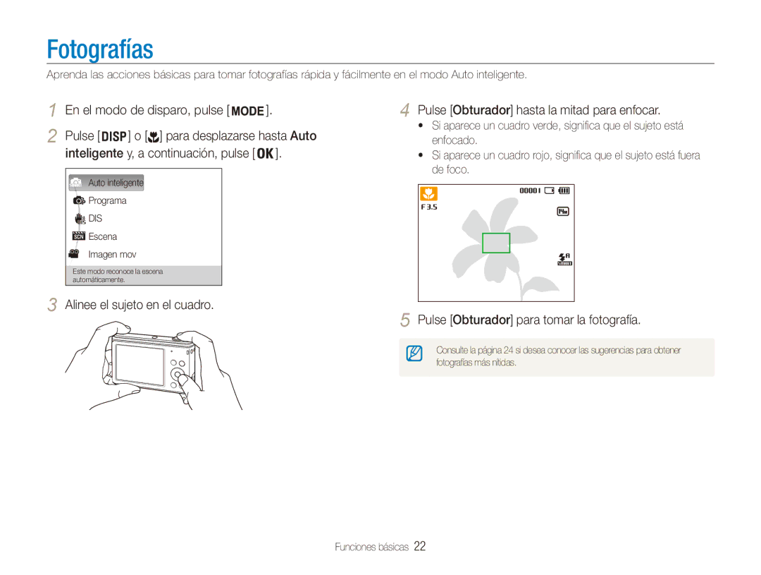 Samsung EC-ES90ZZBPUE1, EC-ES90ZZBPBE1 Fotografías, Pulse Obturador para tomar la fotografía, Para desplazarse hasta Auto 