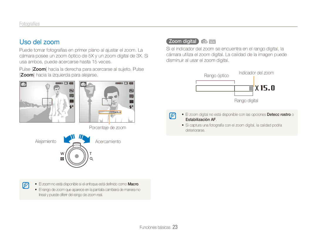 Samsung EC-ES90ZZBPBE1, EC-ES90ZZBPRE1, EC-ES90ZZBPSE1 manual Uso del zoom, Fotografías, Zoom digital, Rango digital 