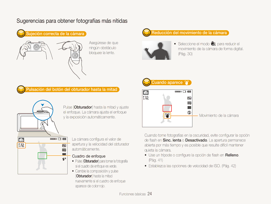 Samsung EC-ES90ZZBPRE1 manual Sujeción correcta de la cámara, Reducción del movimiento de la cámara, Cuando aparece 