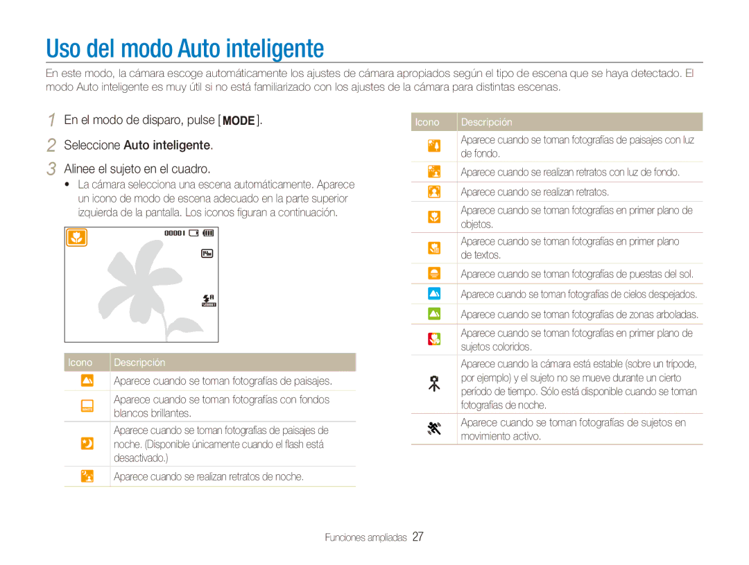 Samsung EC-ES90ZZBPBIL manual Uso del modo Auto inteligente, Seleccione Auto inteligente Alinee el sujeto en el cuadro 