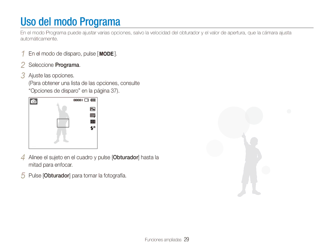 Samsung EC-ES90ZZBPBE1, EC-ES90ZZBPRE1, EC-ES90ZZBPSE1 manual Uso del modo Programa, Seleccione Programa Ajuste las opciones 