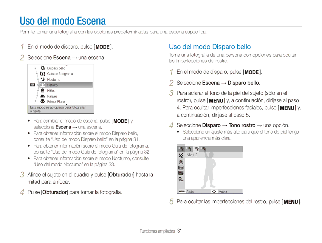 Samsung EC-ES90ZZBPSE1 Uso del modo Escena, Uso del modo Disparo bello, Rostro, pulse, Seleccione Escena → una escena 