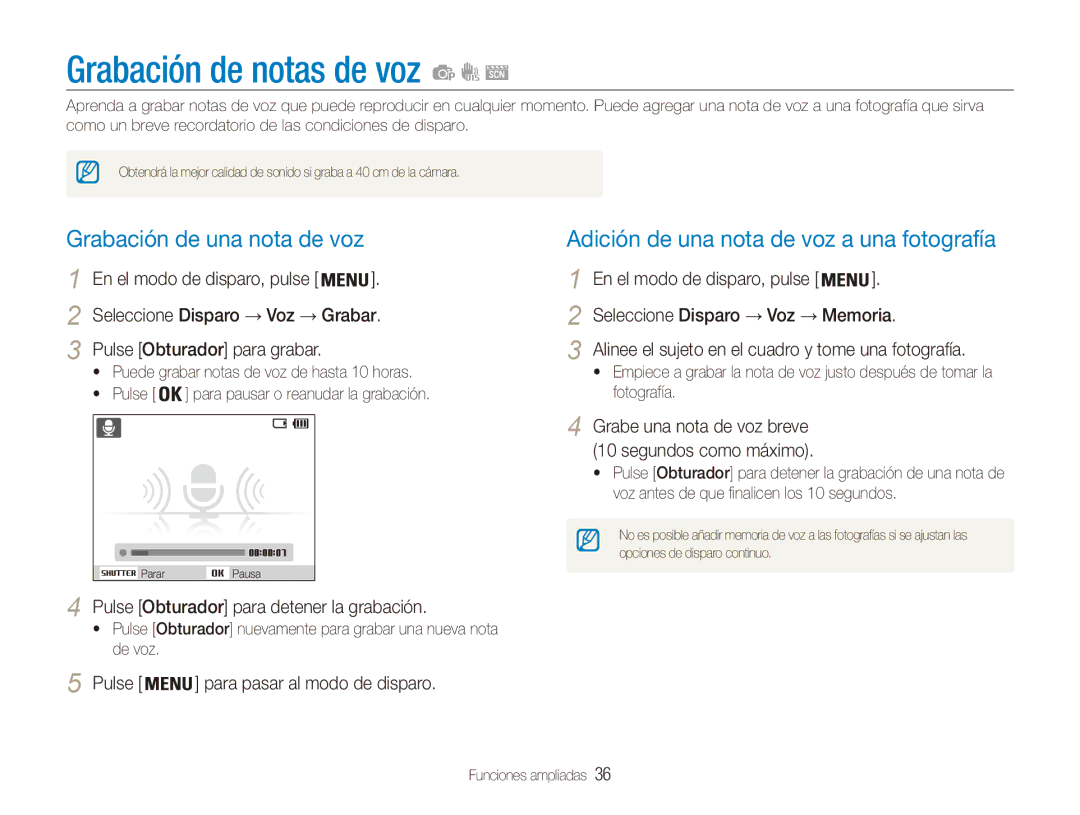 Samsung EC-ES90ZZBPRE1 Grabación de notas de voz, Grabación de una nota de voz, Pulse Obturador para detener la grabación 