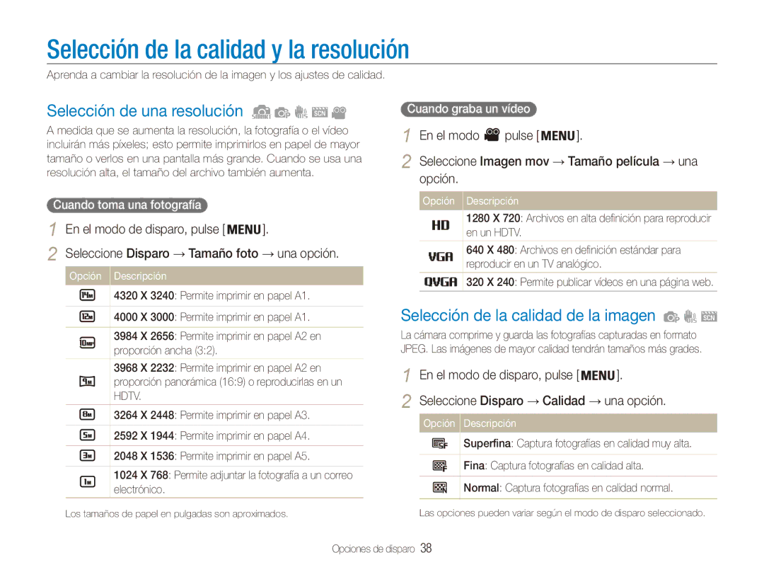 Samsung EC-ES90ZZBPSIL Selección de la calidad y la resolución, Selección de una resolución, En el modo Pulse, Opción 