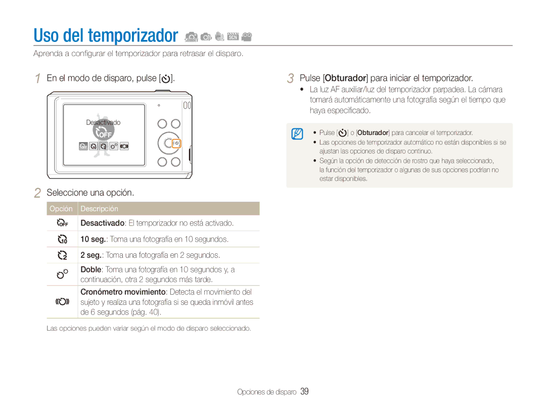 Samsung EC-ES90ZZBPBIL manual Uso del temporizador, Seleccione una opción, Pulse Obturador para iniciar el temporizador 