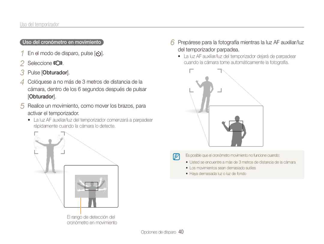Samsung EC-ES90ZZBPUE1, EC-ES90ZZBPBE1 Uso del temporizador, Seleccione Pulse Obturador, Uso del cronómetro en movimiento 
