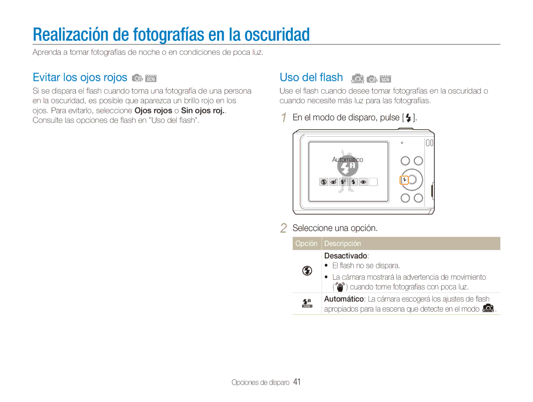 Samsung EC-ES90ZZBPBE1, EC-ES90ZZBPRE1 Realización de fotografías en la oscuridad, Evitar los ojos rojos, Uso del flash 