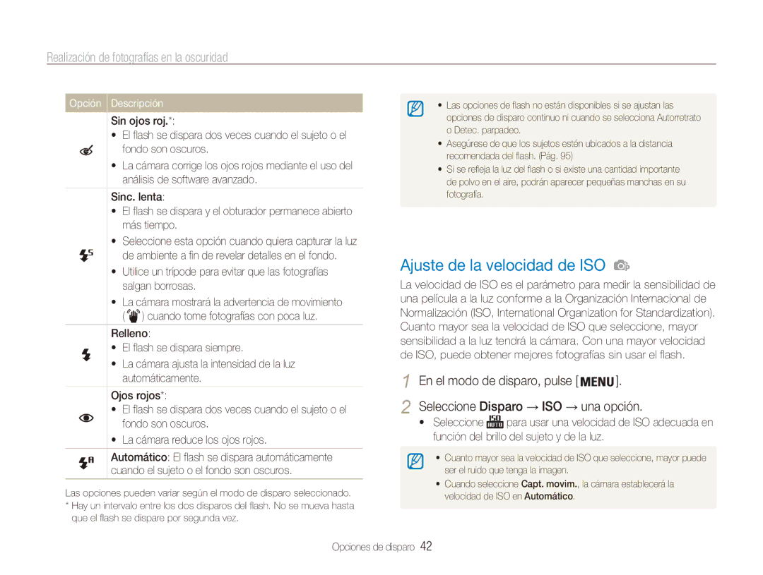 Samsung EC-ES90ZZBPRE1, EC-ES90ZZBPBE1 manual Ajuste de la velocidad de ISO, Realización de fotografías en la oscuridad 