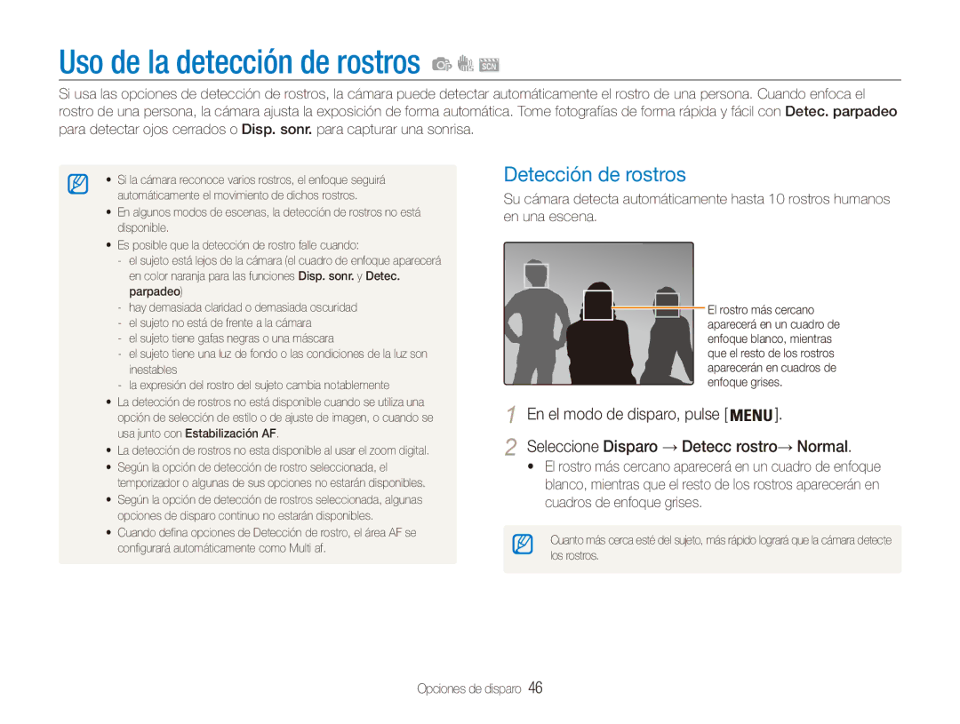 Samsung EC-ES90ZZBPUE1 Uso de la detección de rostros, Detección de rostros, Seleccione Disparo → Detecc rostro→ Normal 