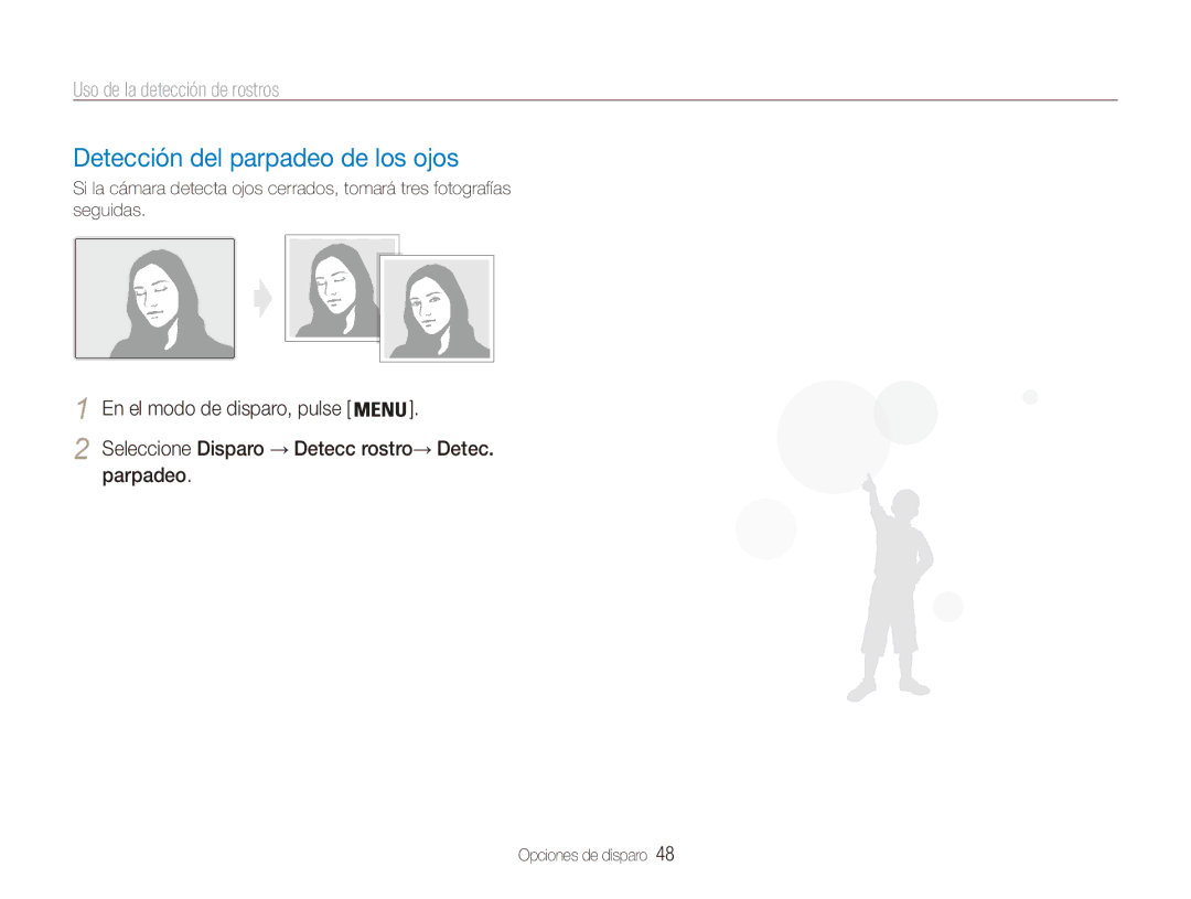 Samsung EC-ES90ZZBPRE1 manual Detección del parpadeo de los ojos, Parpadeo, Seleccione Disparo → Detecc rostro→ Detec 