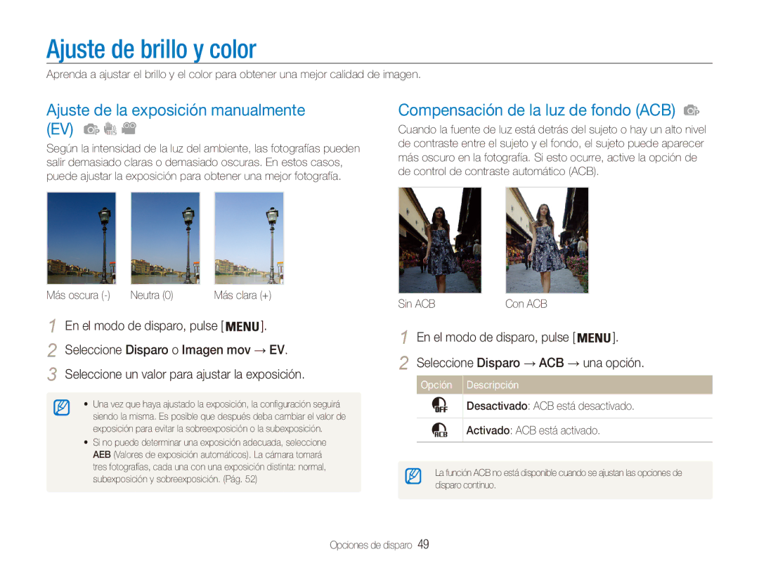 Samsung EC-ES90ZZBPSE1, EC-ES90ZZBPBE1, EC-ES90ZZBPRE1 Ajuste de brillo y color, Ajuste de la exposición manualmente EV 